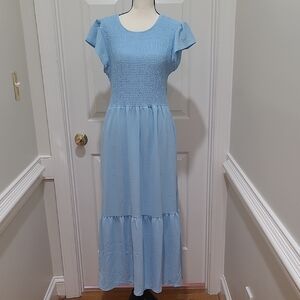 Smocked Light Blue Maxi Dress with Flutter Sleeves